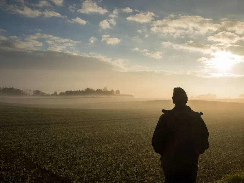 Man looking at setting sun